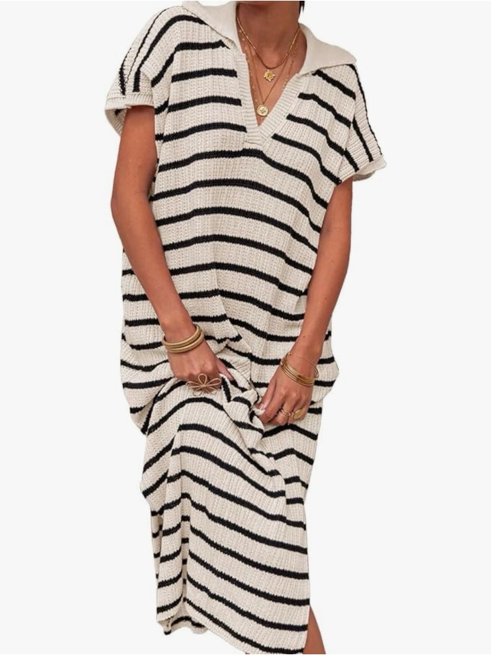 Striped Knit Collared Maxi Dress - Black & Cream